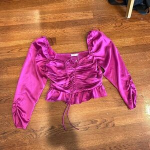 Lush Metallic Purple Tie Front Ribbed Back Blouse